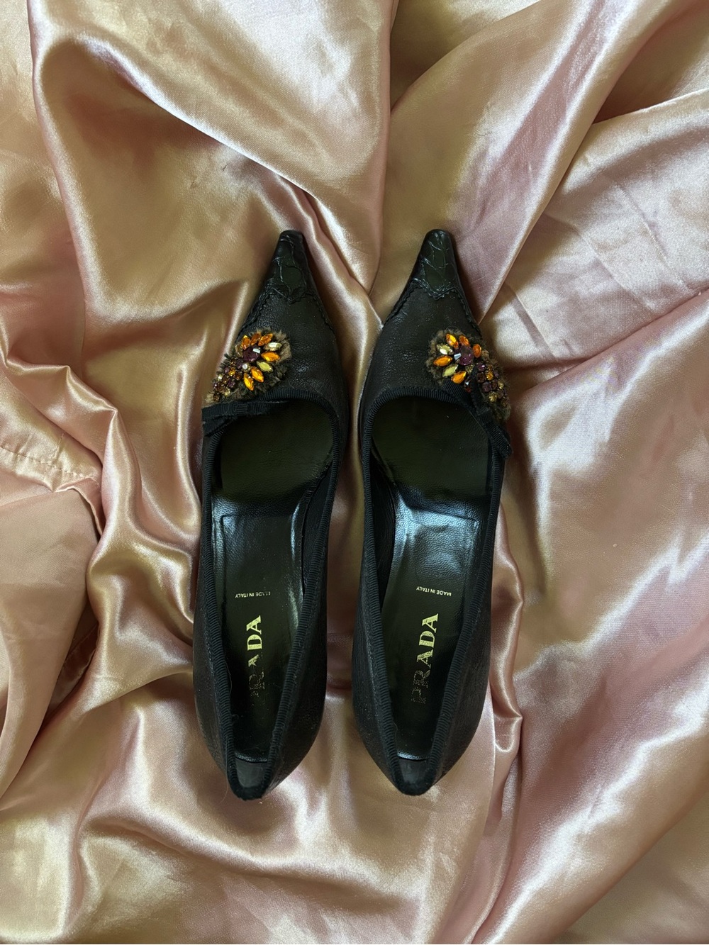 Vintage Prada Jeweled Kitten Heel Pumps EU 38